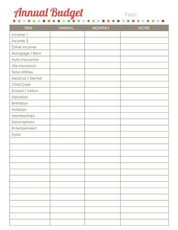 Free Printable Yearly Budget Worksheet