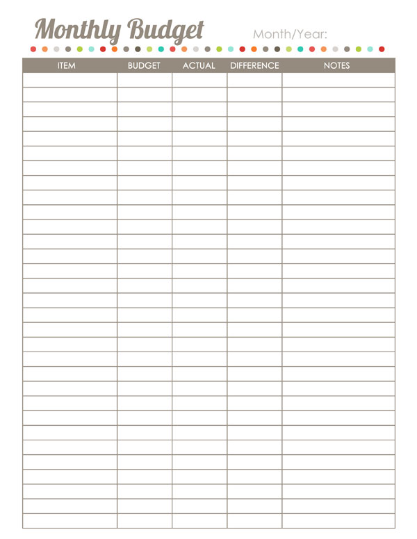 Monthly Free Blank Budget Worksheet Printable