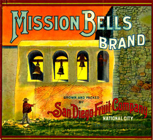 A crate label for Mission Bells Brand fruit depicts the ringing of the bells at Mission San Juan Capistrano.